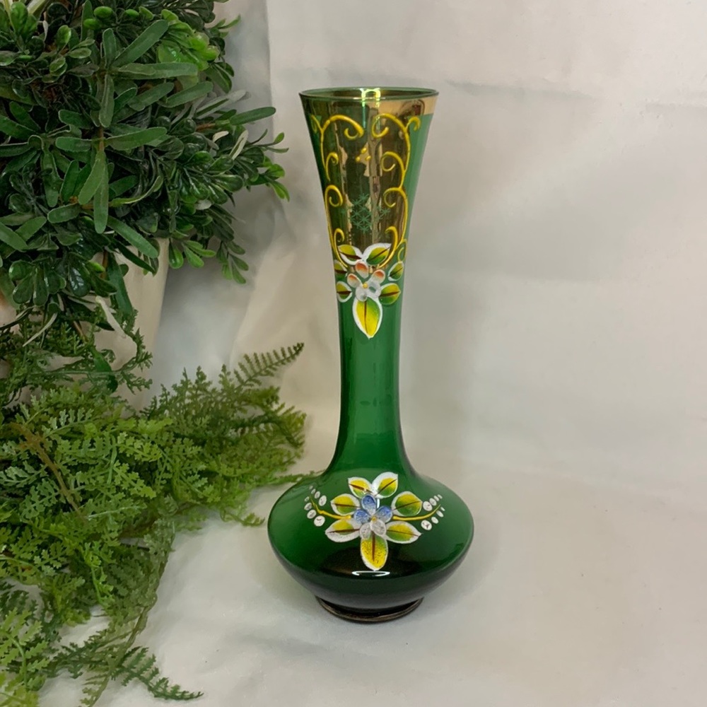 Vintage EMERALD GREEN glass gilded gold & enamel flowers Bohemian/Czech bud vase